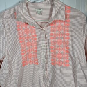 J. Crew Sz XL Womens Neon Pink White Striped Embroidered Buttoned Long Sl Top